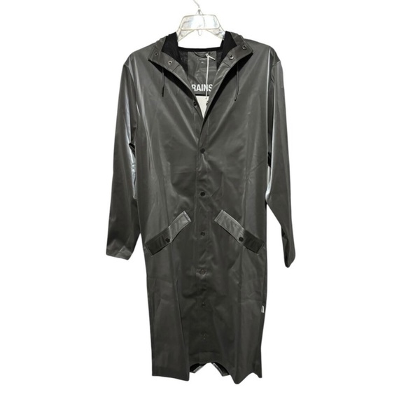Rains NWT Longer Jacket W3 Sz XS Metallic Grey Hooded Snap Front Outdoor Unisex - Picture 2 of 14